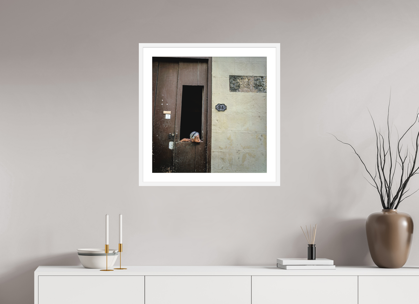 24 x 24.3″, Solid 0.8" White Wood Frame With 2" Natural White Passe-Partout with Museum Glass Cuban Woman in Window, Havana