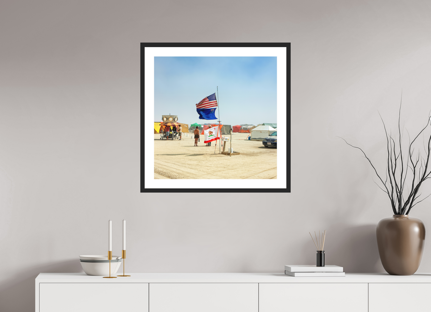 25 x 25″, Solid 0.8" Black Wood Frame With 2" Natural White Passe-Partout with Museum Glass Burning Man - Woman with Flags (square format)