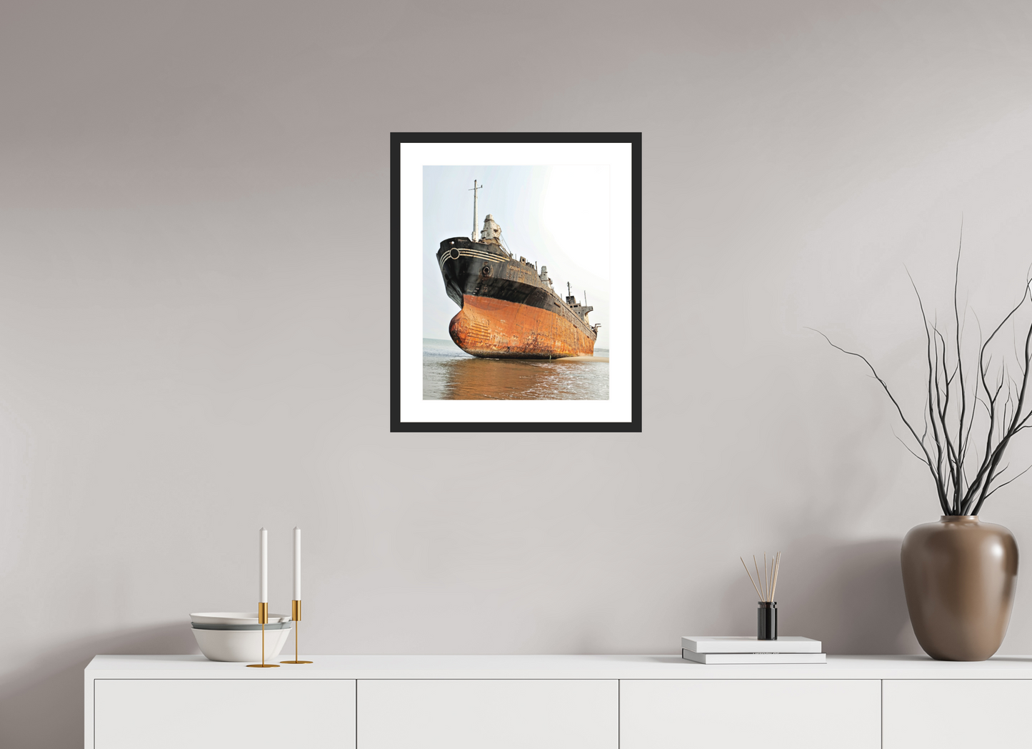 16 x 20″, Solid 0.8" Black Wood Frame With 2" Natural White Passe-Partout with Museum Glass Beached Ship Angola