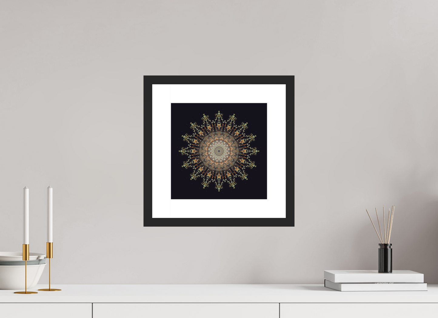 10 x 10″, Solid 0.8" Black Wood Frame With 2" Natural White Passe-Partout with Museum Glass Water Mandala No. 4092
