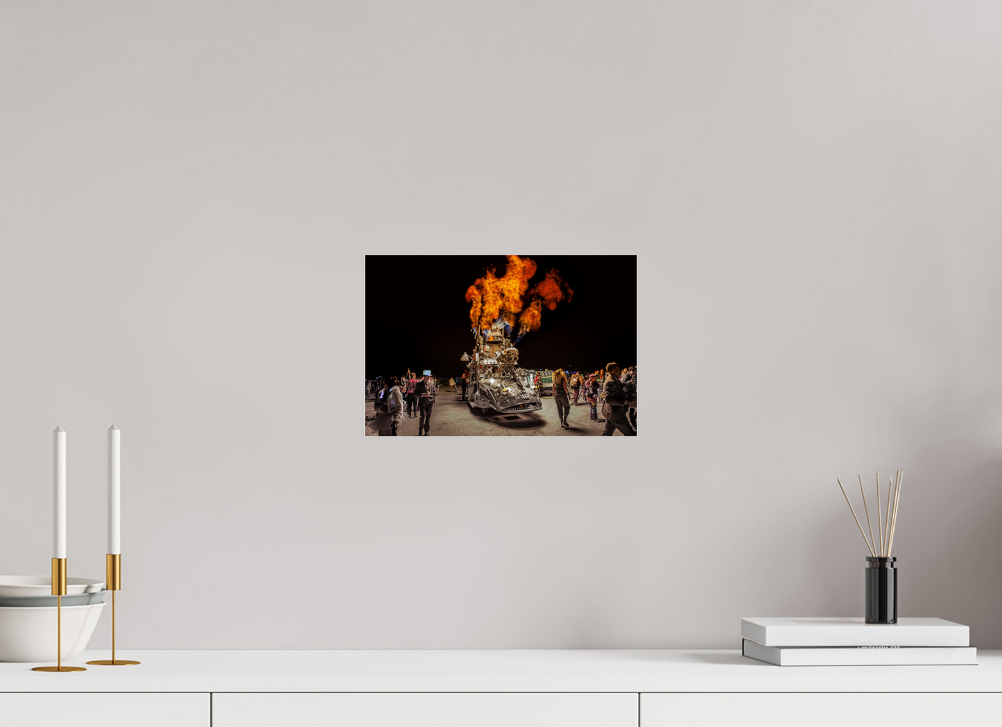 12 x 8″, Frameless Acrylic Glass Burning Man - Art Car with Flames