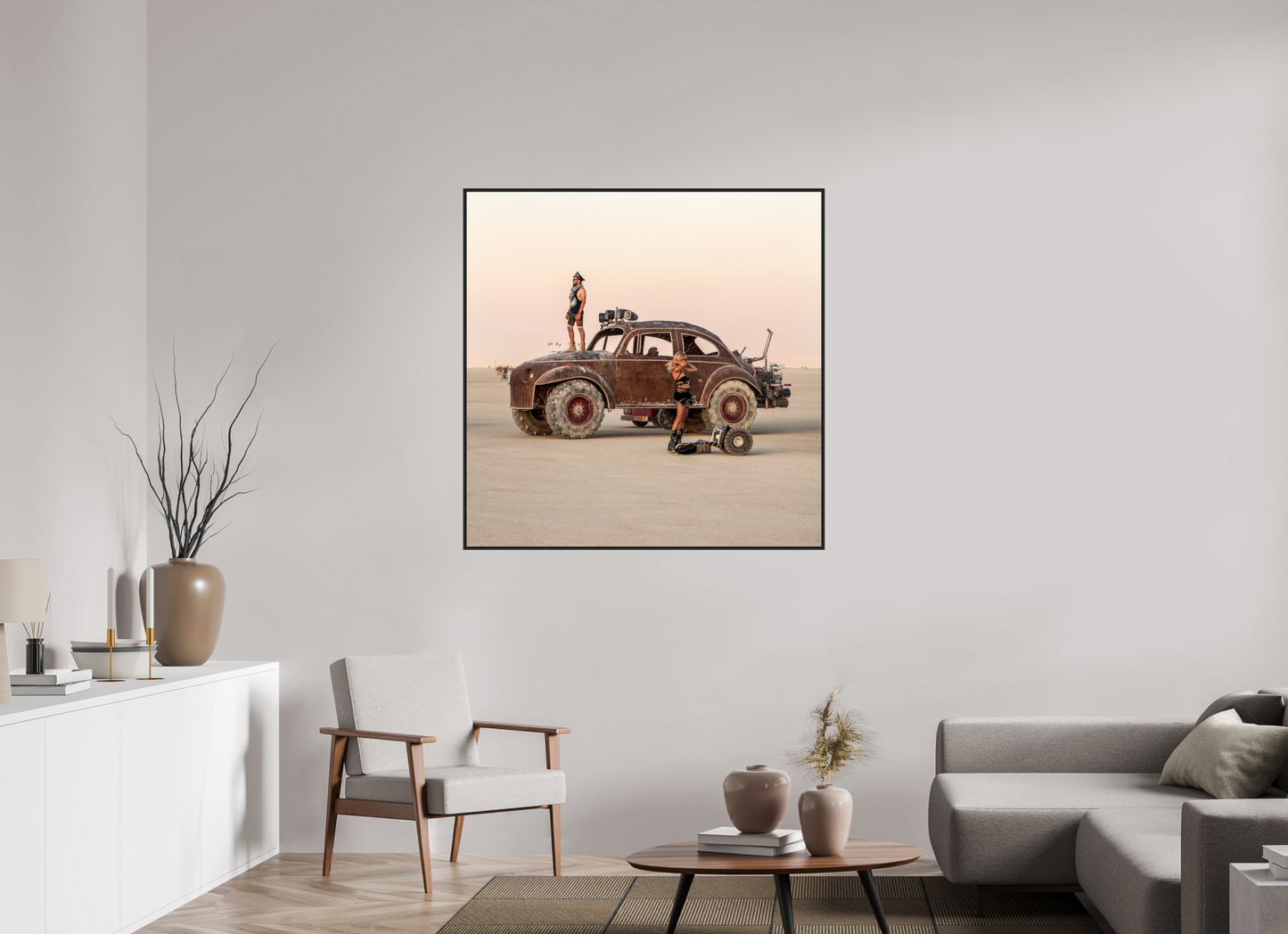45 x 45″, Black Matte Frame, No Border Burning Man - Art Car Large VW