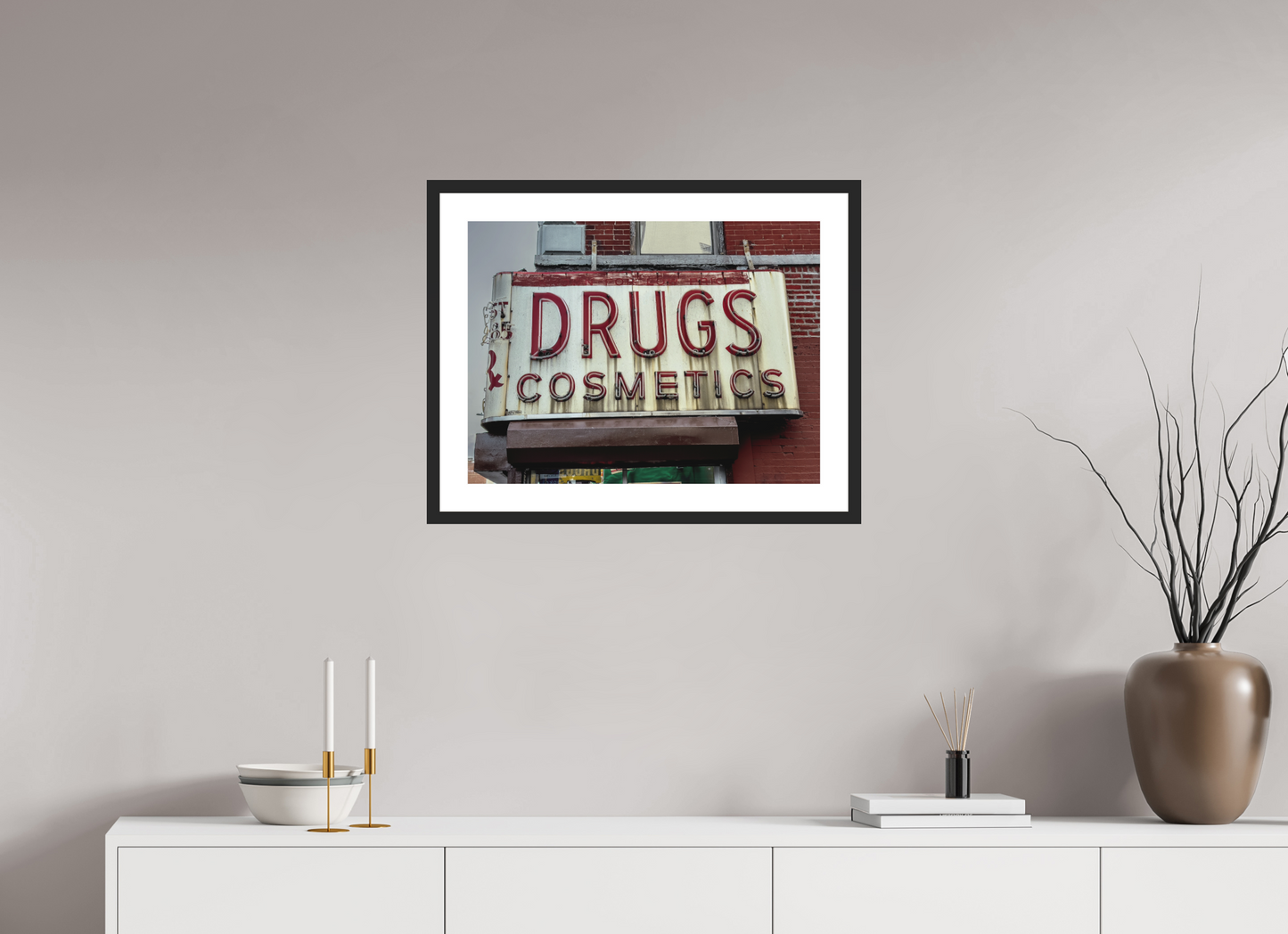 24 x 18″, Solid 0.8" Black Wood Frame With 2" Natural White Passe-Partout with Museum Glass Drug Cosmetics Sign