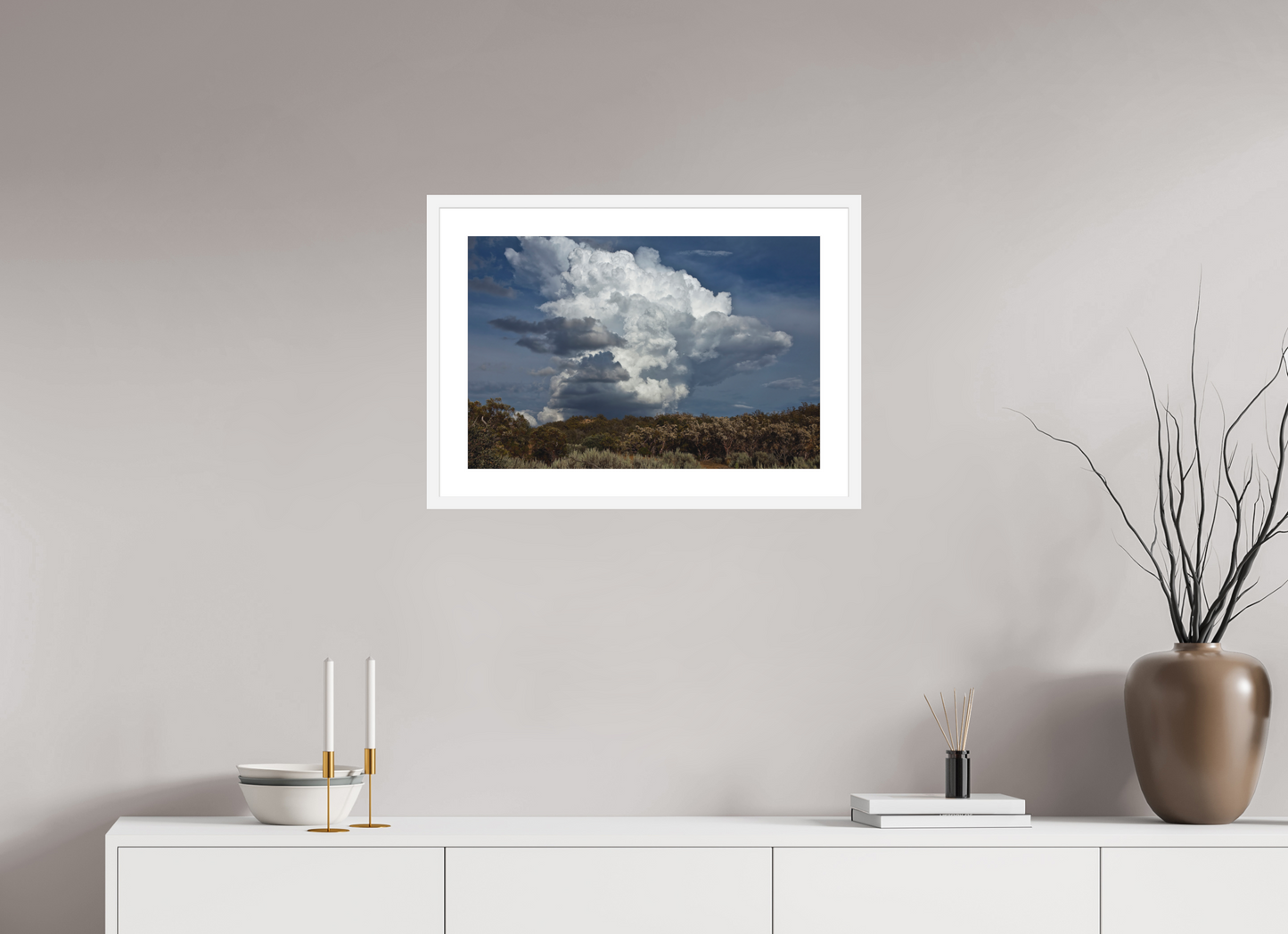 24 x 16″, Solid 0.8" White Wood Frame With 2" Natural White Passe-Partout with Museum Glass Billowing Clouds