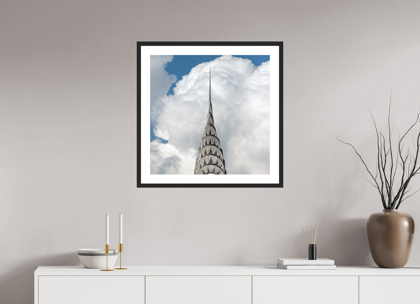 25 x 25″, Solid 0.8" Black Wood Frame With 2" Natural White Passe-Partout with Museum Glass Chrysler Building with Clouds