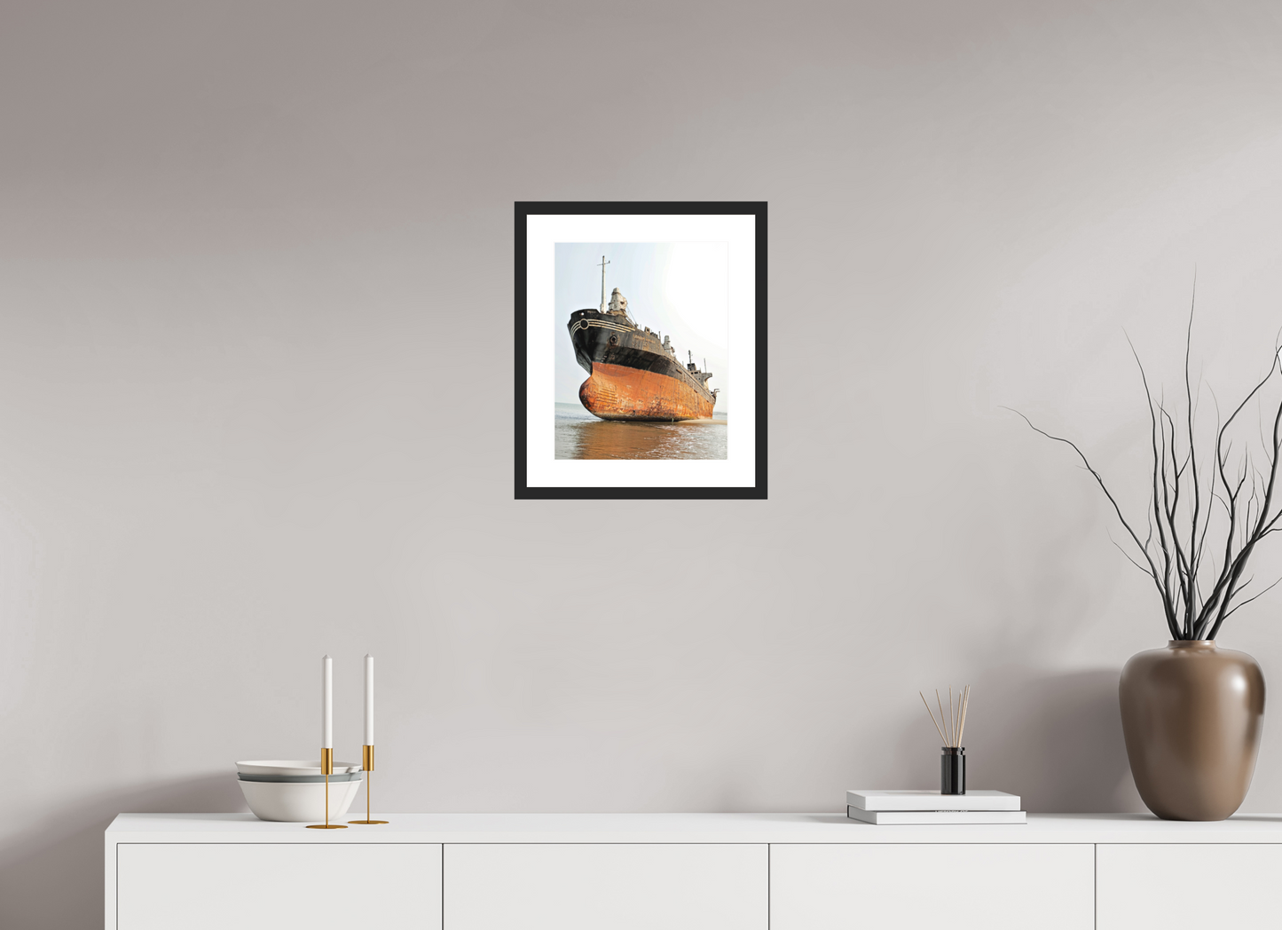 12 x 15″, Solid 0.8" Black Wood Frame With 2" Natural White Passe-Partout with Museum Glass Beached Ship Angola