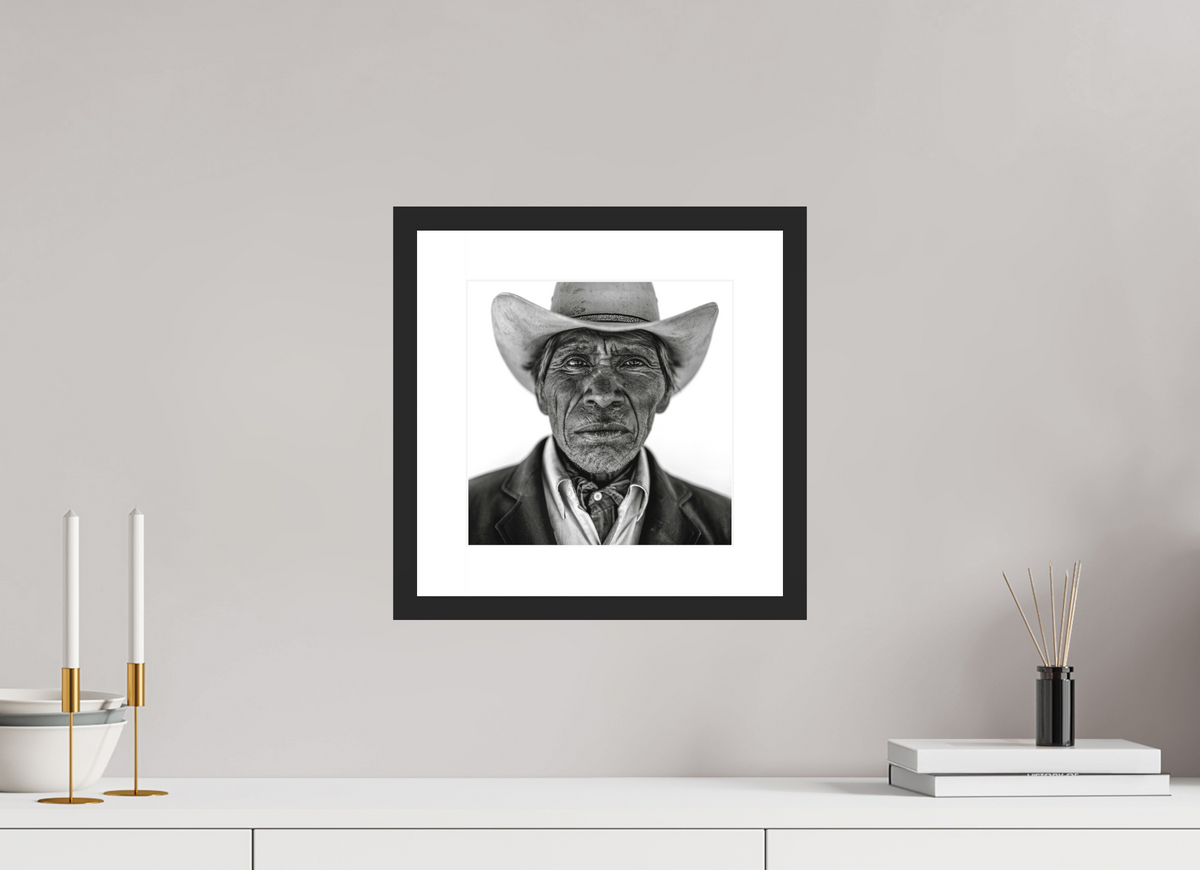 10 x 10″, Solid 0.8" Black Wood Frame With 2" Natural White Passe-Partout with Museum Glass Tarahumara Cowboy