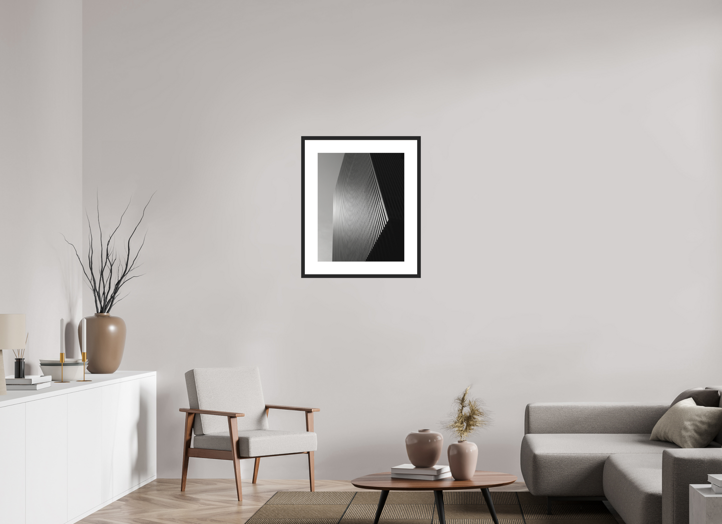 20 x 25″, Solid 0.8" Black Wood Frame With 3" Natural White Passe-Partout with Museum Glass Architectural Facade