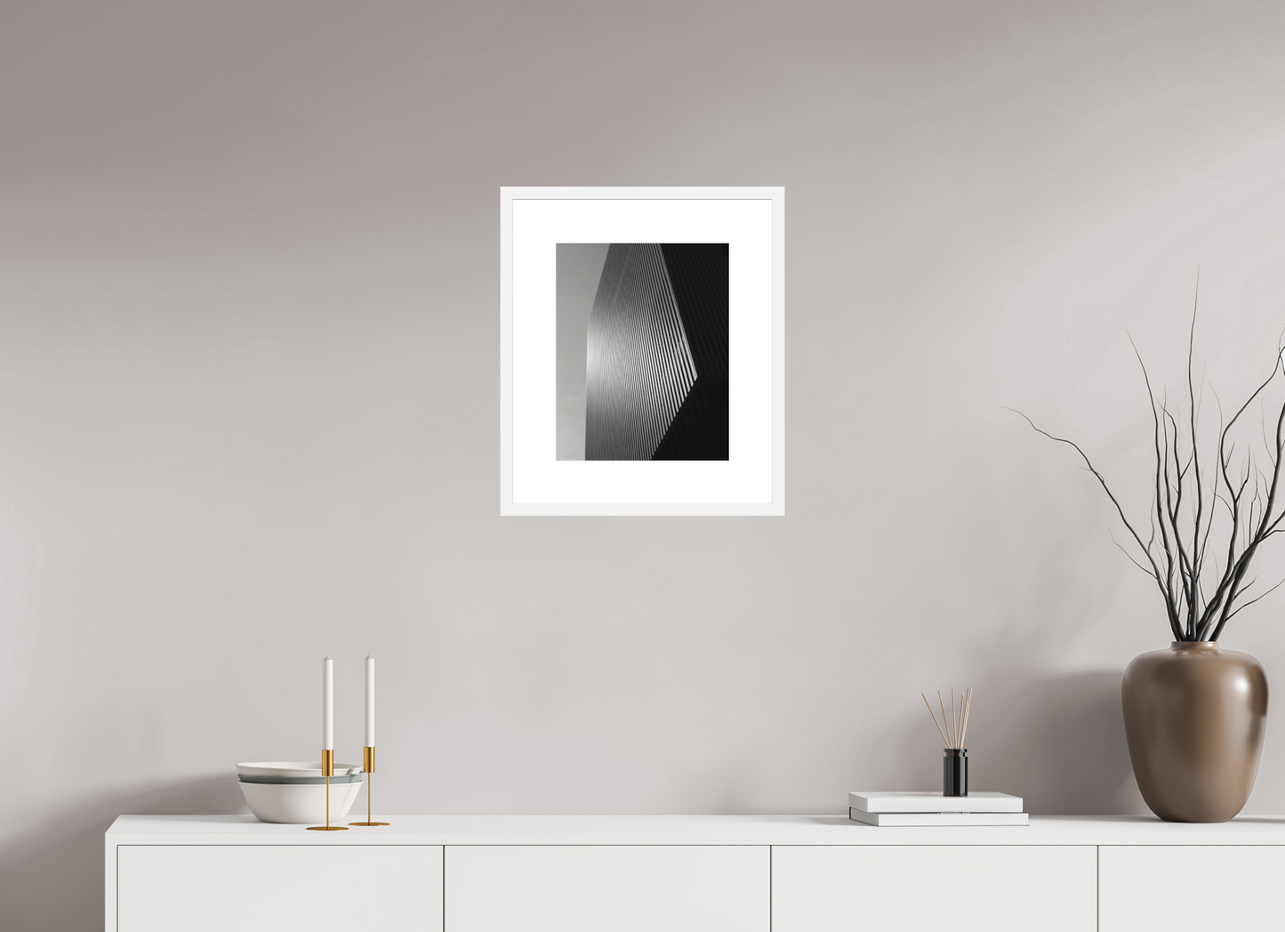 12 x 15″, Solid 0.8" White Wood Frame With 3" Natural White Passe-Partout with Museum Glass Architectural Facade