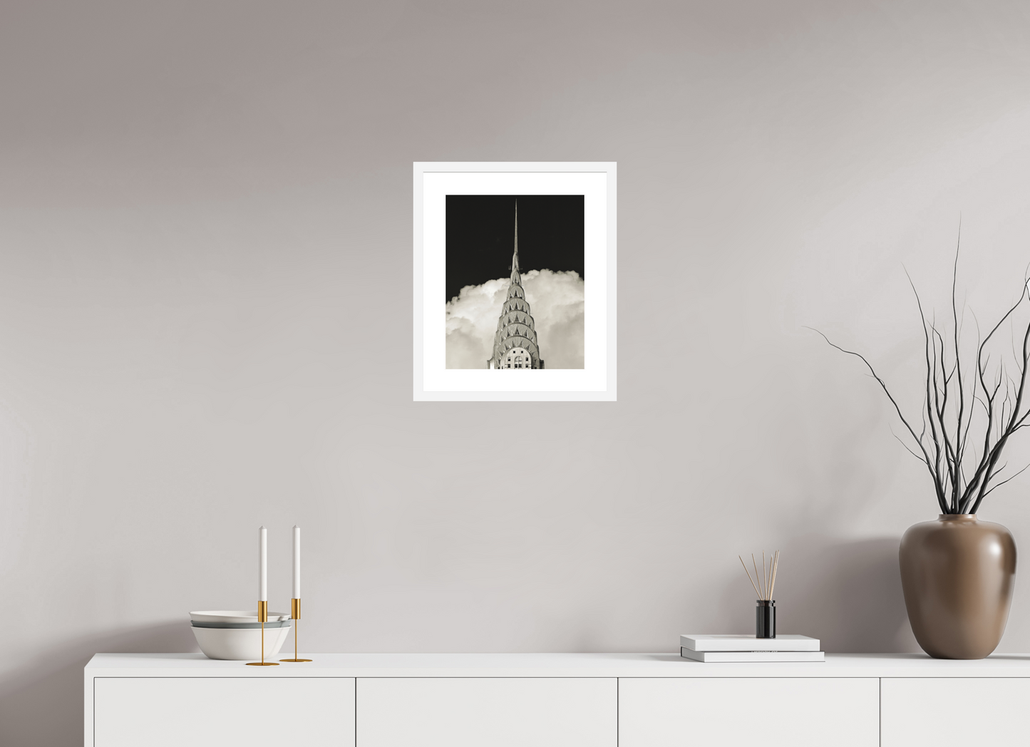 12 x 15″, Solid 0.8" White Wood Frame With 2" Natural White Passe-Partout with Museum Glass Chrysler Building Against Clouds
