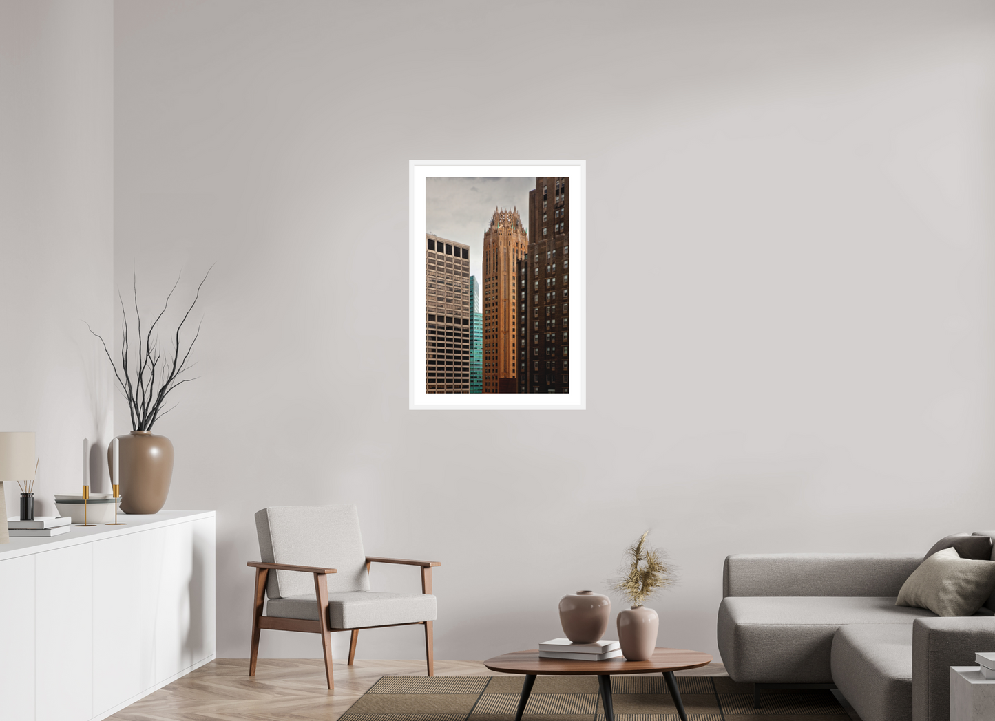 24 x 36″, Solid 0.8" White Wood Frame With 2" Natural White Passe-Partout with Museum Glass General Electric Building