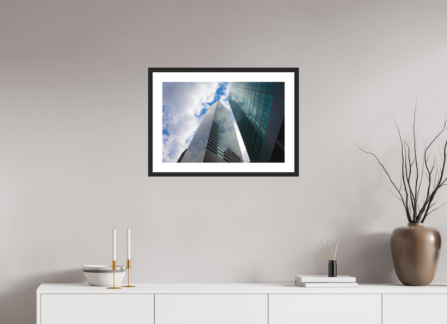 24 x 16″, Solid 0.8" Black Wood Frame With 2" Natural White Passe-Partout with Museum Glass Manhattan Skyscrappers