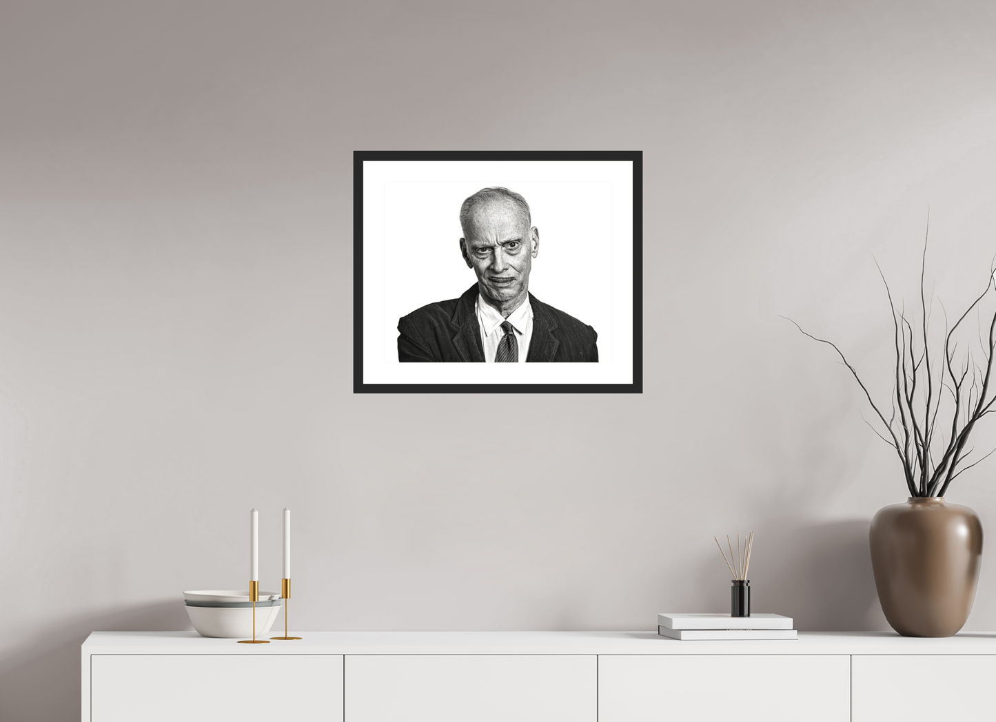20 x 16″, Solid 0.8" Black Wood Frame With 2" Natural White Passe-Partout with Museum Glass Director John Waters Grimacing