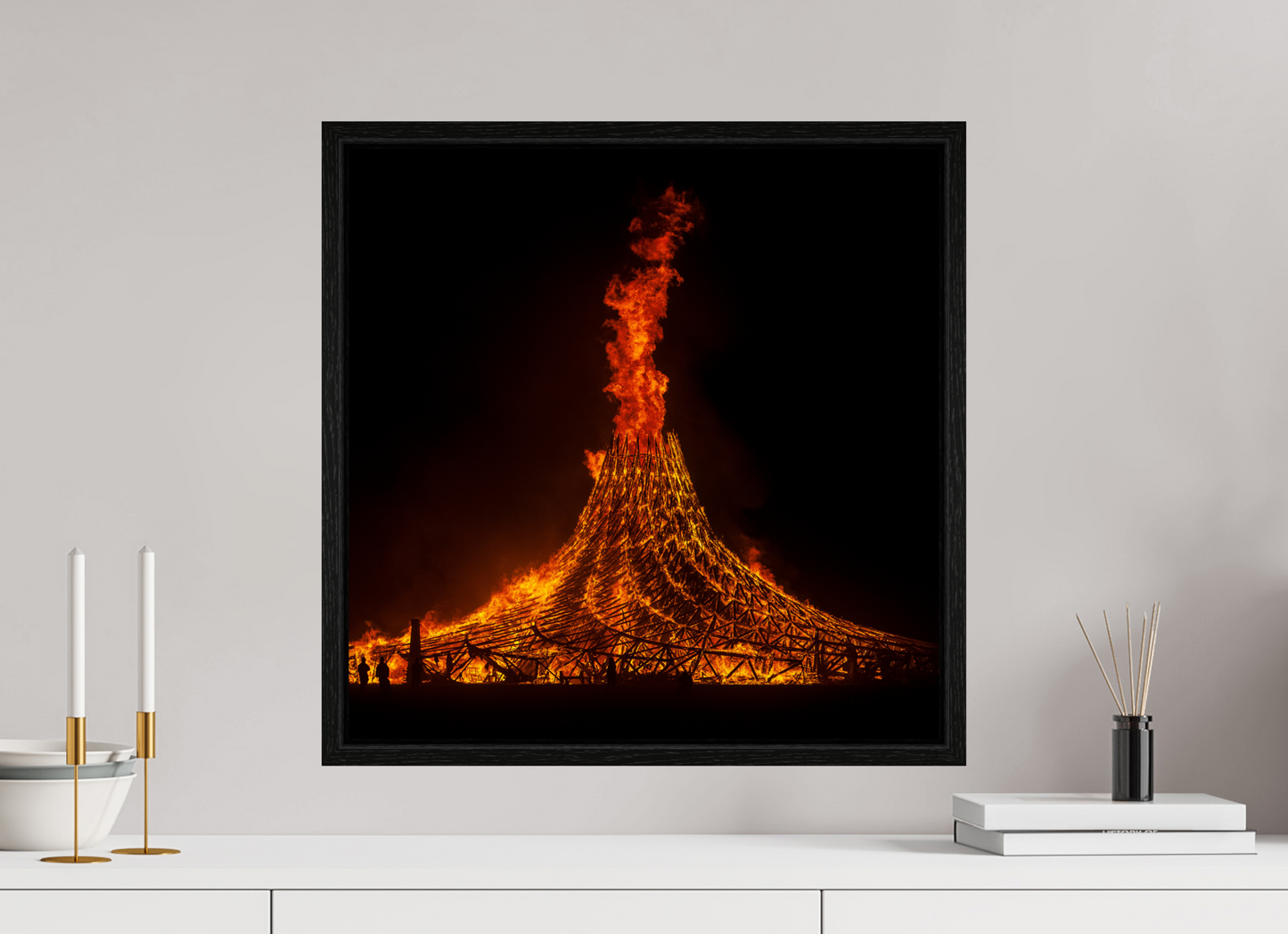 20 x 20″, Floater Frame Burning Man - Temple Burn 1