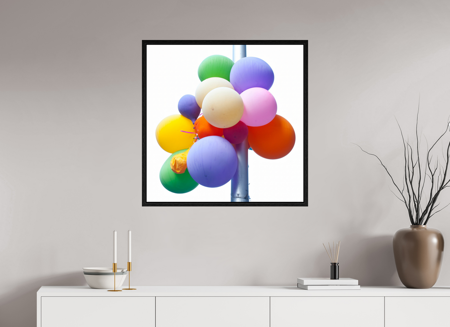 30 x 30″, Floater Frame Colorful Ballons Tied to a Lamp Post