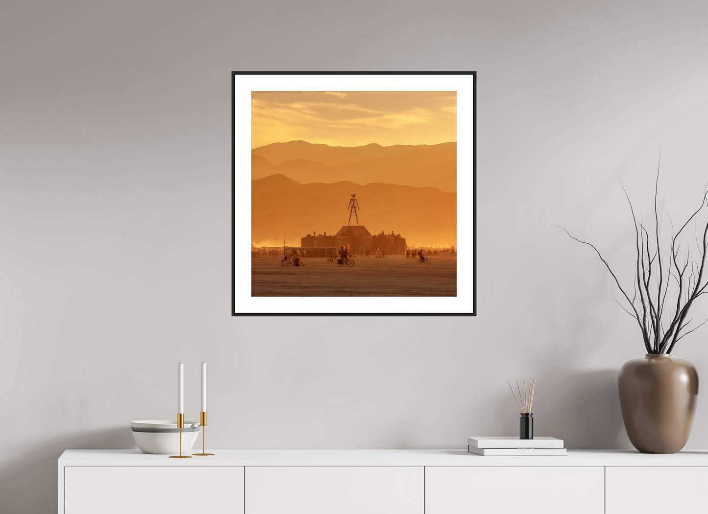 25 x 25″, Black Matte Frame Burning Man with Mountains