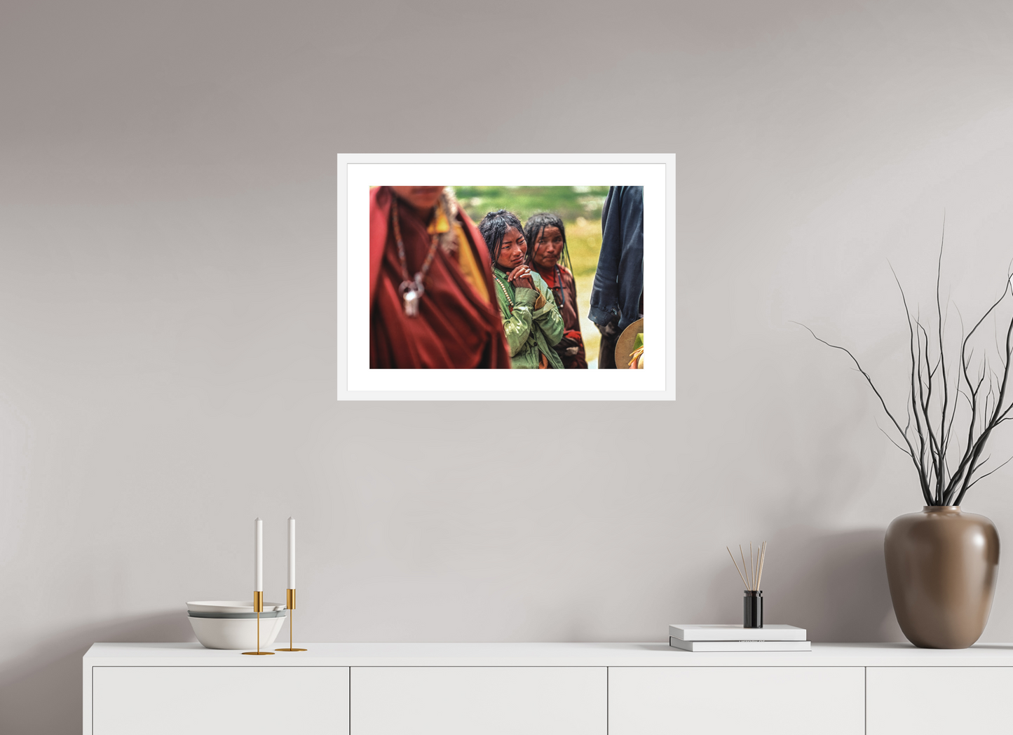 23.7 x 16″, Solid 0.8" White Wood Frame With 2" Natural White Passe-Partout with Museum Glass Tibetan Girl in Green Jacket