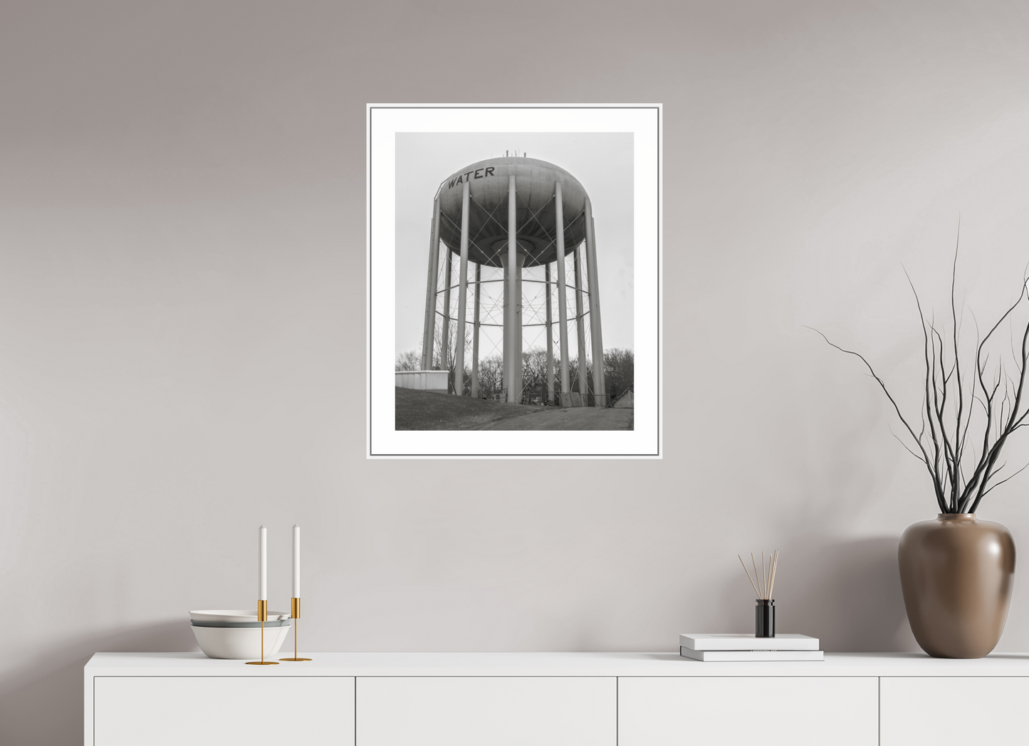 20 x 25″, White Matte Frame Grey Water Tower