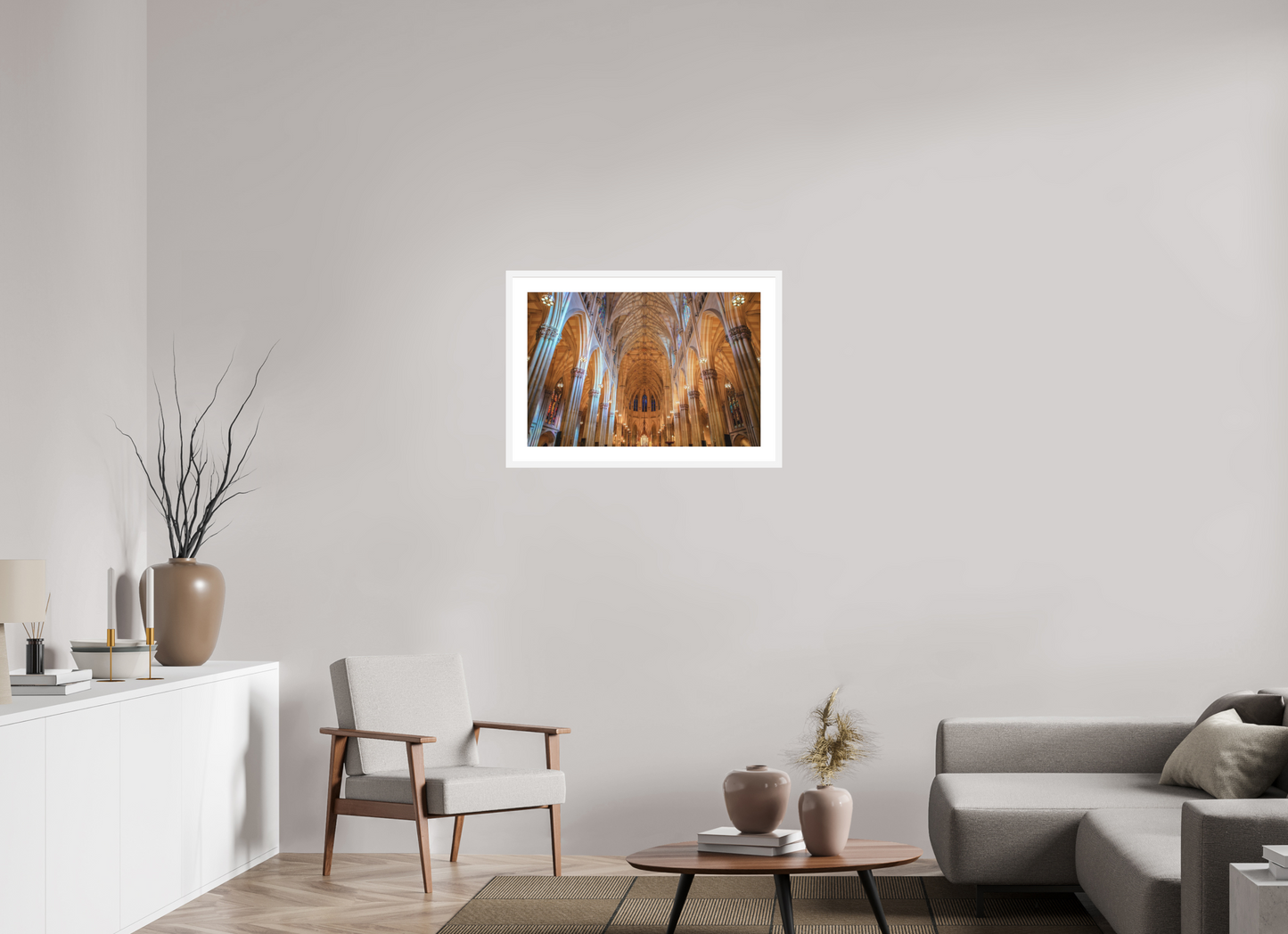 30 x 20″, Solid 0.8" White Wood Frame With 2" Natural White Passe-Partout with Museum Glass St. Patrick's Cathedral
