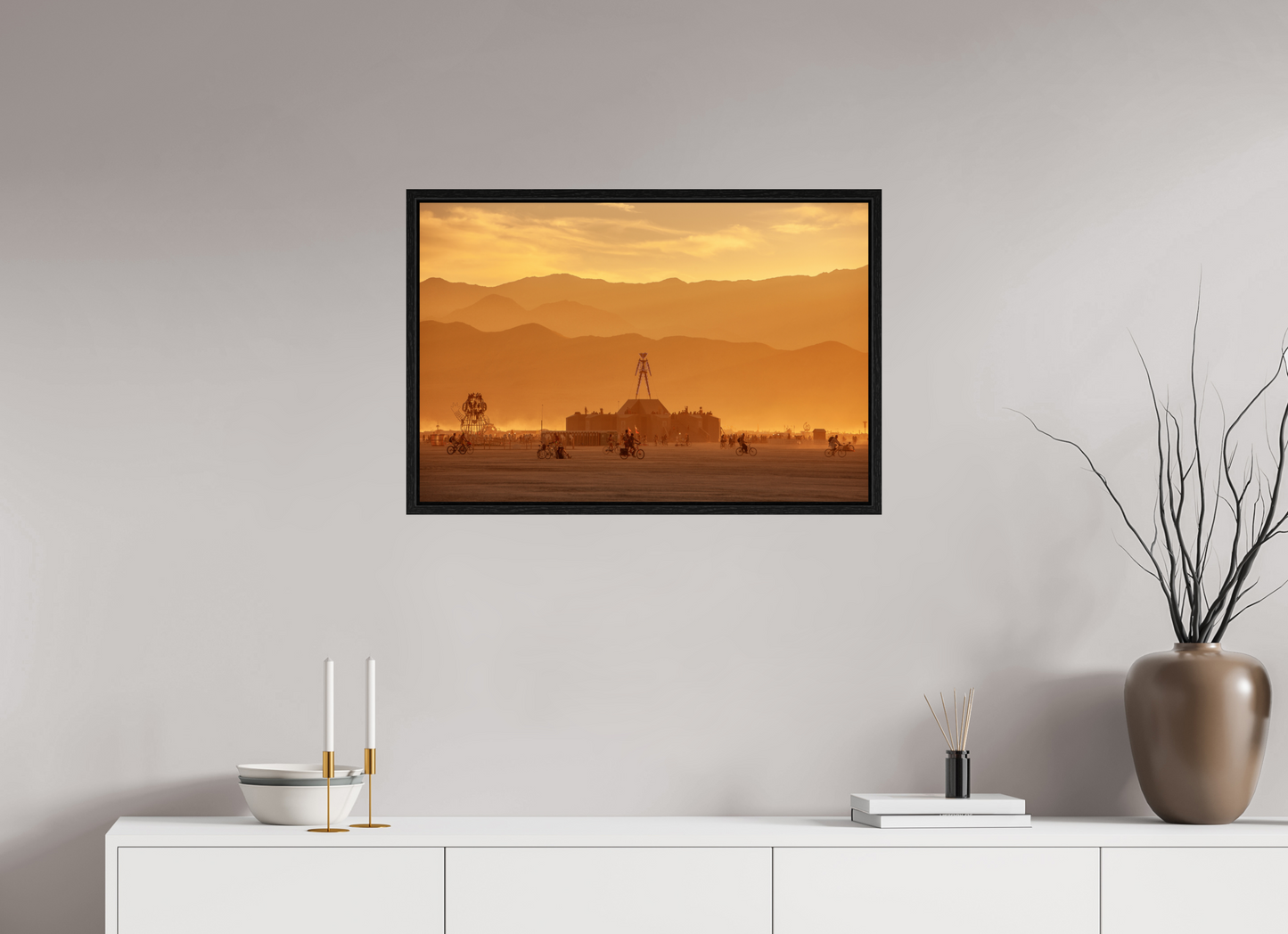 30 x 20″, Floater Frame Burning Man - Burning Man and Mountains