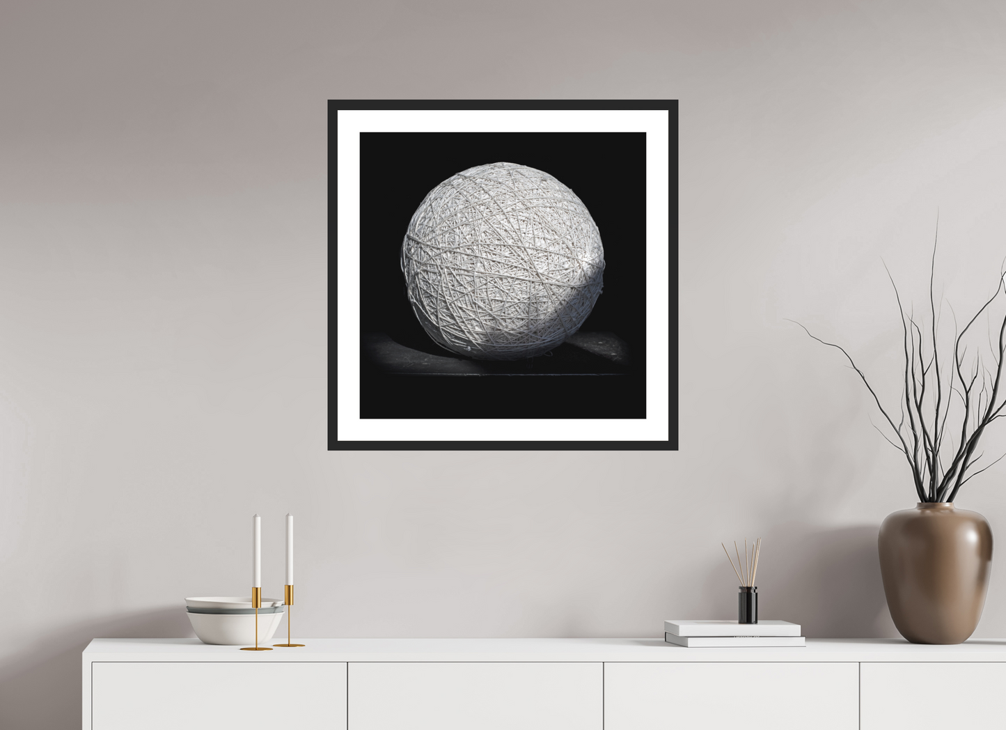 25 x 25″, Solid 0.8" Black Wood Frame With 2" Natural White Passe-Partout with Museum Glass Ball of String