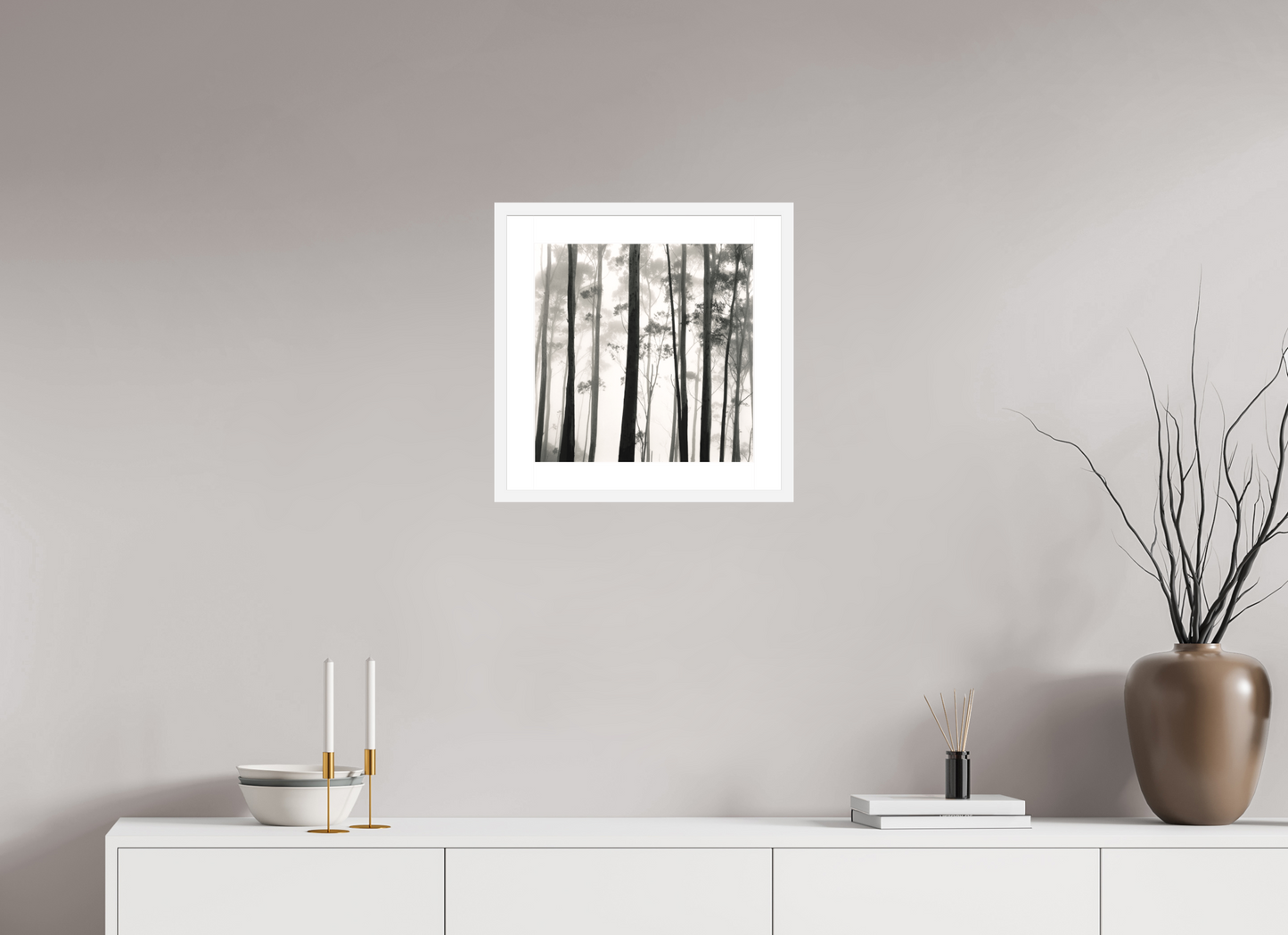 15 x 15″, Solid 0.8" White Wood Frame With 2" Natural White Passe-Partout with Museum Glass Tilba Tilba Trees, Austrailia