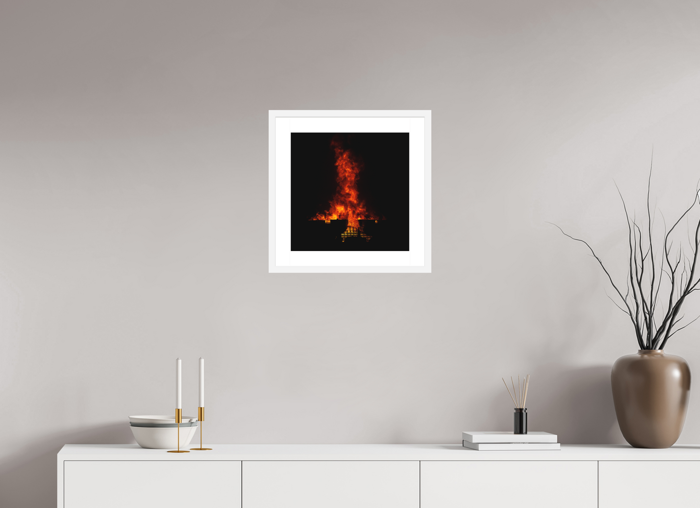 15 x 15″, Solid 0.8" White Wood Frame With 2" Natural White Passe-Partout with Museum Glass Burning Man - Flames