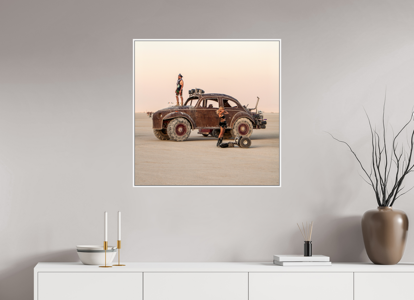 30 x 30″, White Matte Frame, No Border Burning Man - Art Car Large VW