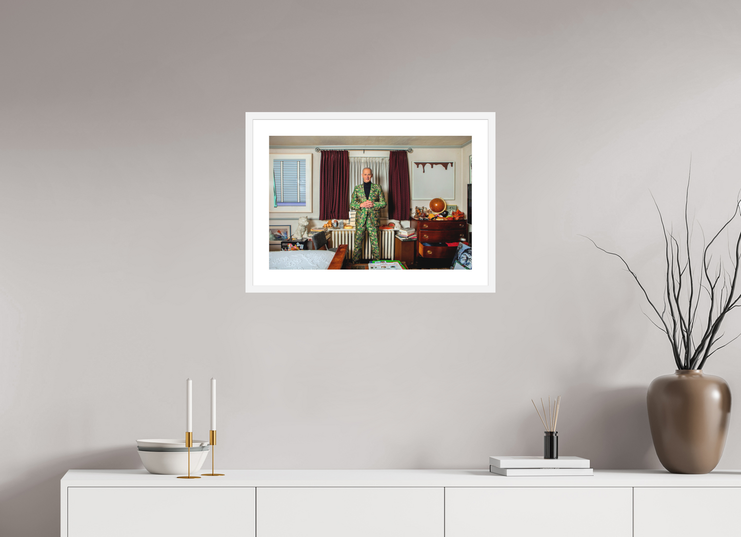 24 x 16″, Solid 0.8" White Wood Frame With 2" Natural White Passe-Partout with Museum Glass Director John Waters in his Bedroom