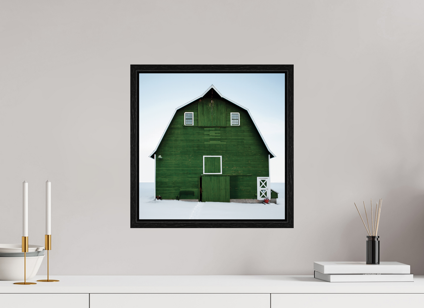 15 x 15″, Floater Frame Green Barn