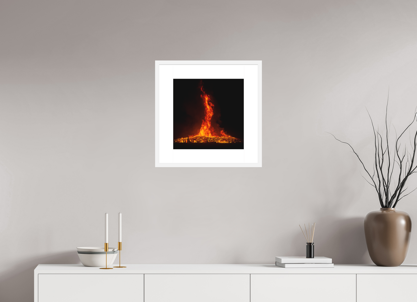 15 x 15″, Solid 0.8" White Wood Frame With 3" Natural White Passe-Partout with Museum Glass Burning Man - Temple Burn 2