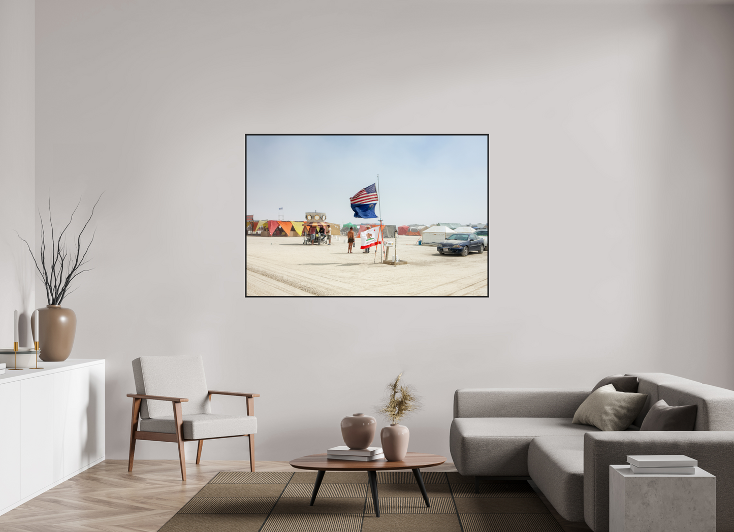 66 x 44″, Black Matte Frame, No Border Burning Man - Two Flags