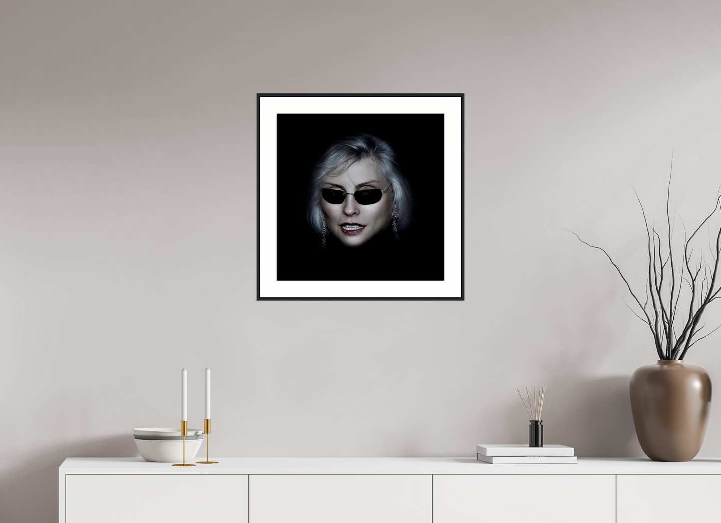 20 x 20″, Black Matte Frame Debbie Harry Wearing Glasses