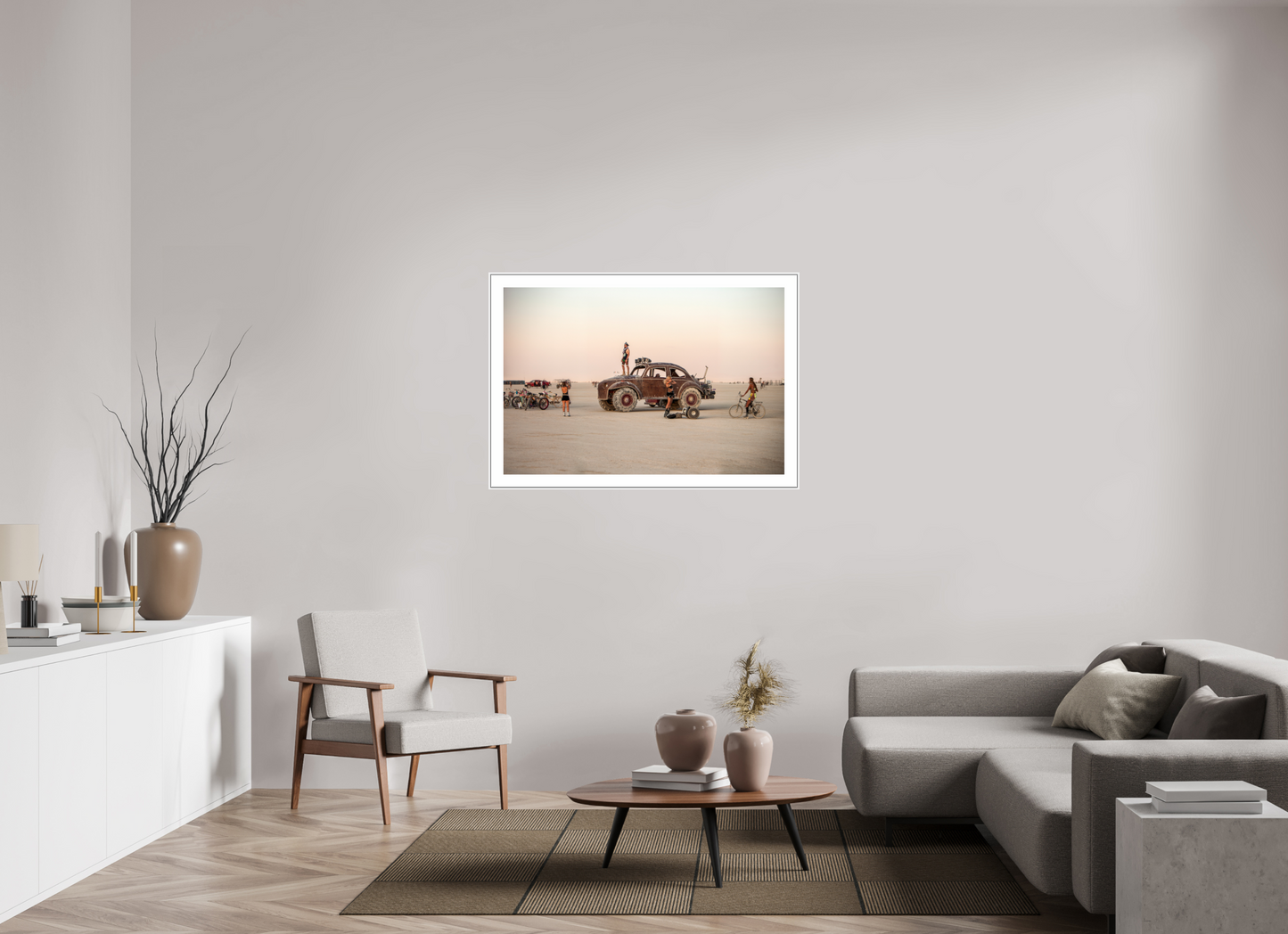 45 x 30″, White Matte Frame Burning Man - Art Car Large VW FF