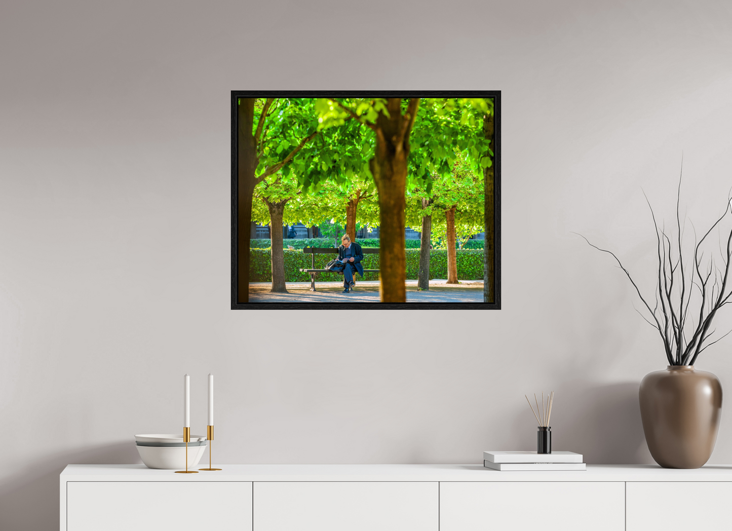 30 x 24″, Floater Frame Man Reading in Paris Garden
