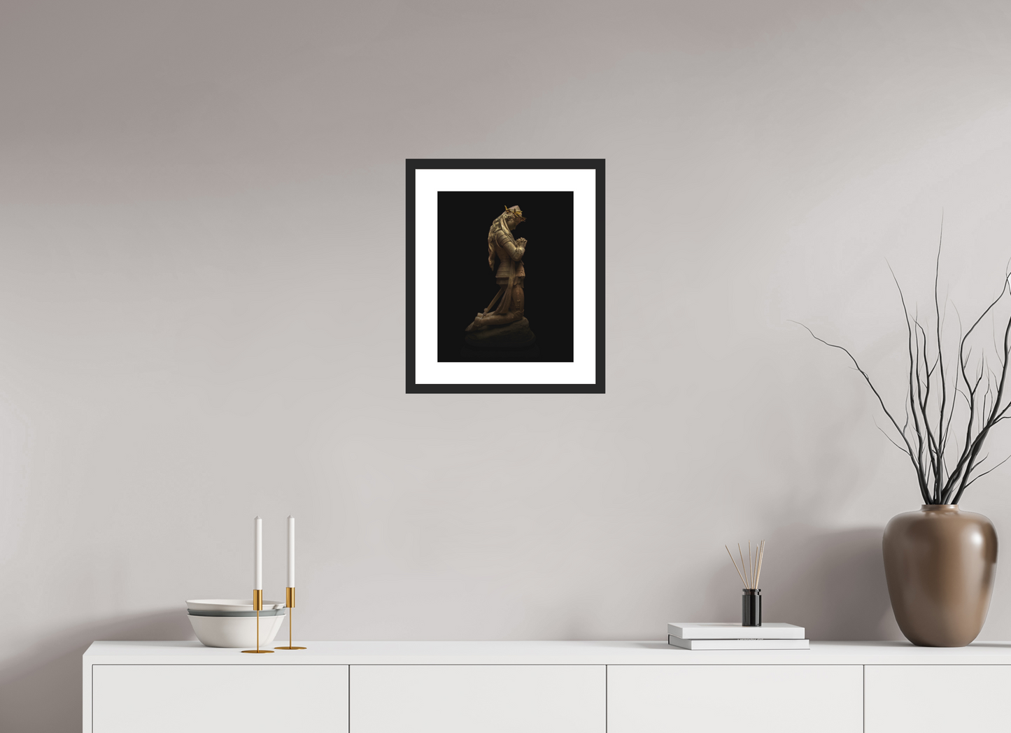 12 x 15″, Solid 0.8" Black Wood Frame With 2" Natural White Passe-Partout with Museum Glass Joan of Arc Statue