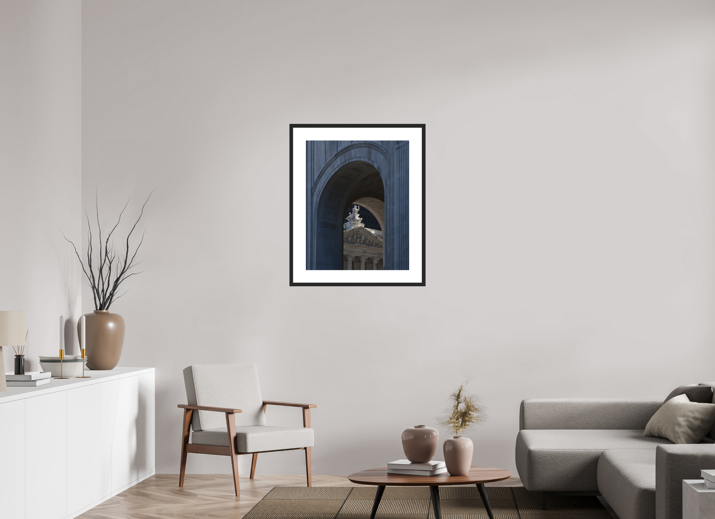 24 x 30″, Solid 0.8" Black Wood Frame With 3" Natural White Passe-Partout with Museum Glass Arches with Sculptures