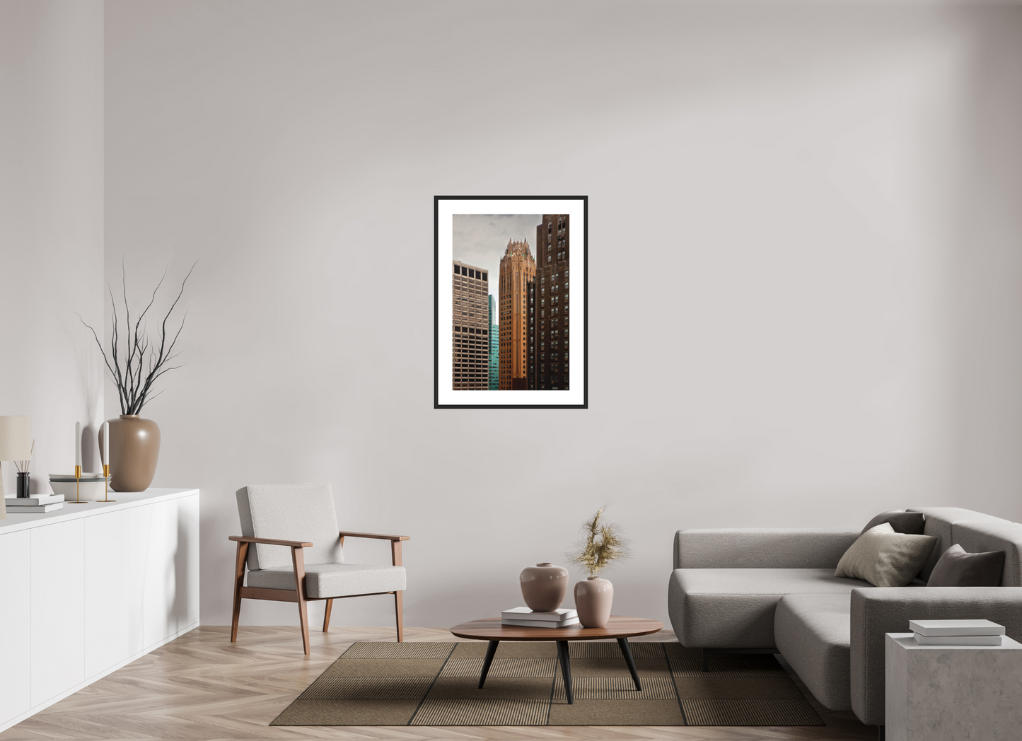 24 x 36″, Solid 0.8" Black Wood Frame With 3" Natural White Passe-Partout with Museum Glass General Electric Building