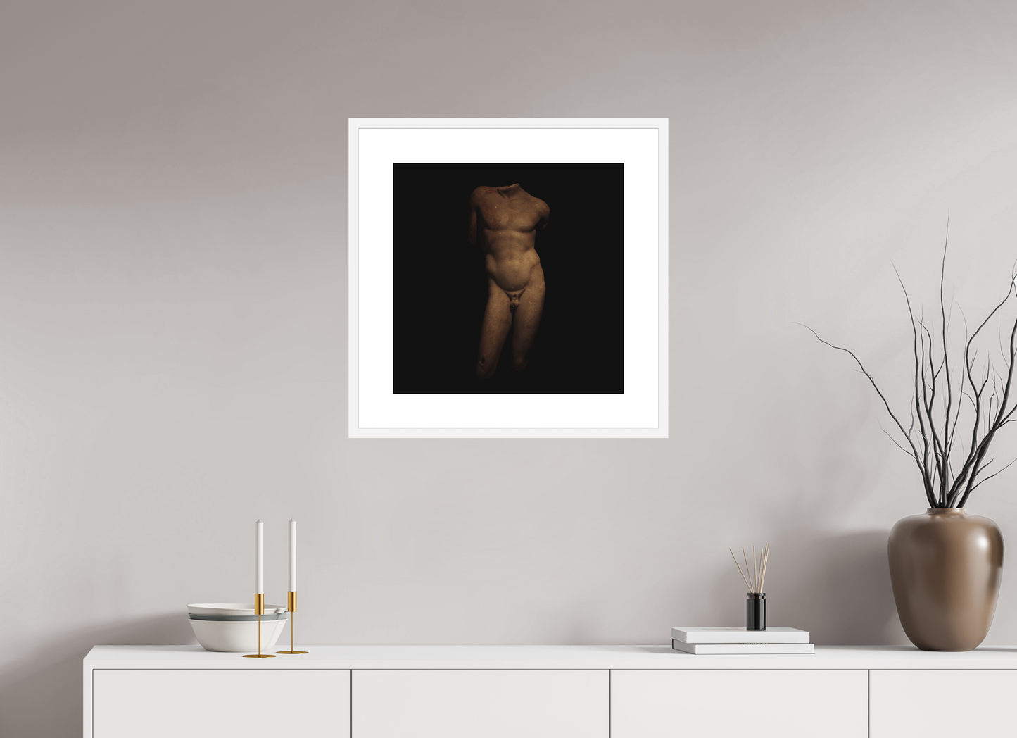 20 x 20″, Solid 0.8" White Wood Frame With 3" Natural White Passe-Partout with Museum Glass Narcissus