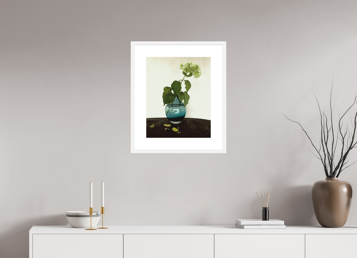 16 x 20″, Solid 0.8" White Wood Frame With 3" Natural White Passe-Partout with Museum Glass Flower in Vase on Table
