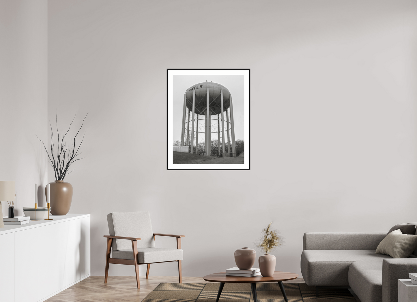 28 x 35″, Black Matte Frame Grey Water Tower