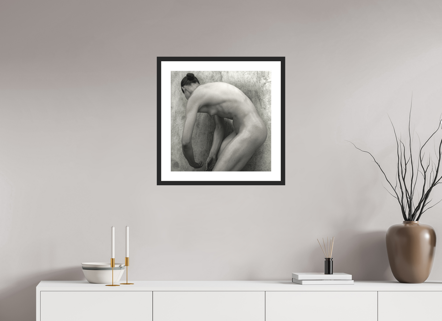 20 x 20″, Solid 0.8" Black Wood Frame With 2" Natural White Passe-Partout with Museum Glass Nude No. 60 - square