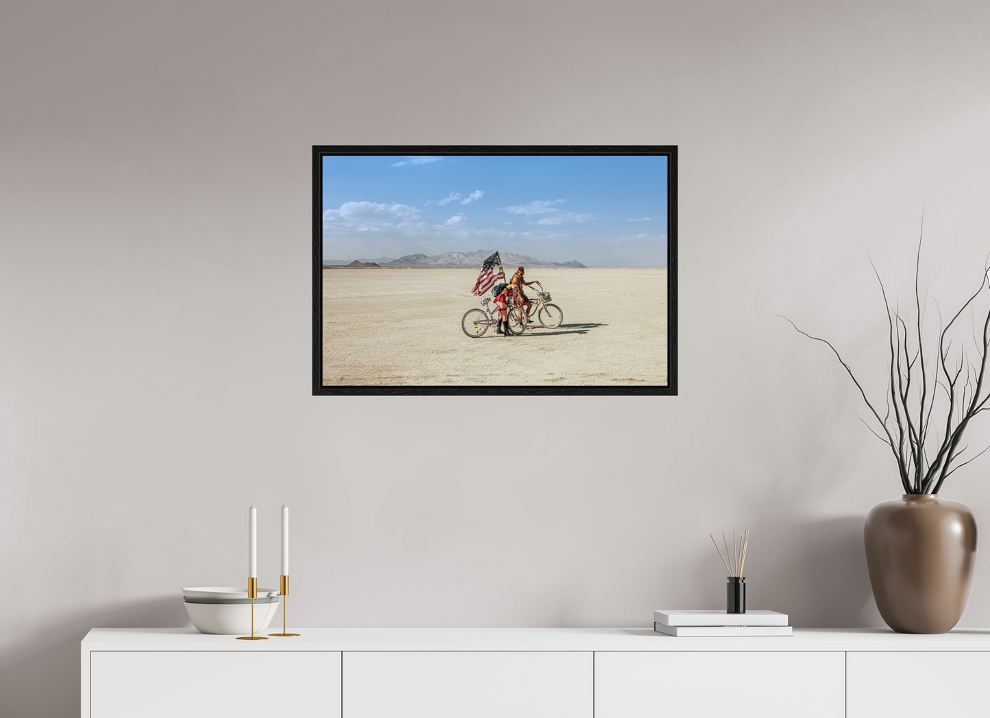 30 x 20″, Floater Frame Burning Man - Two with Bikes and USA Flag