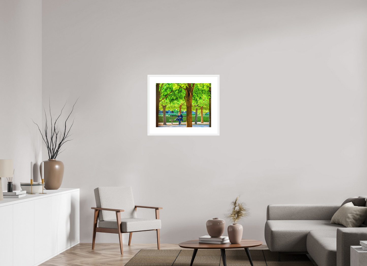 25 x 20″, Solid 0.8" White Wood Frame With 3" Natural White Passe-Partout with Museum Glass Man Reading in Palais-Royal Garden