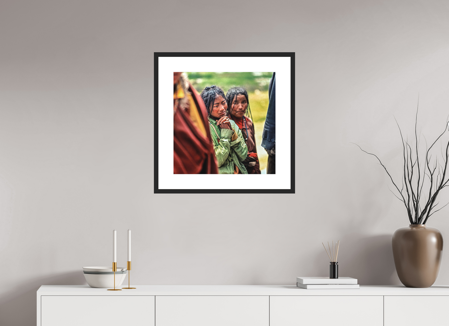 20 x 20″, Solid 0.8" Black Wood Frame With 3" Natural White Passe-Partout with Museum Glass Tibetan Girl in Green Jacket (square format)